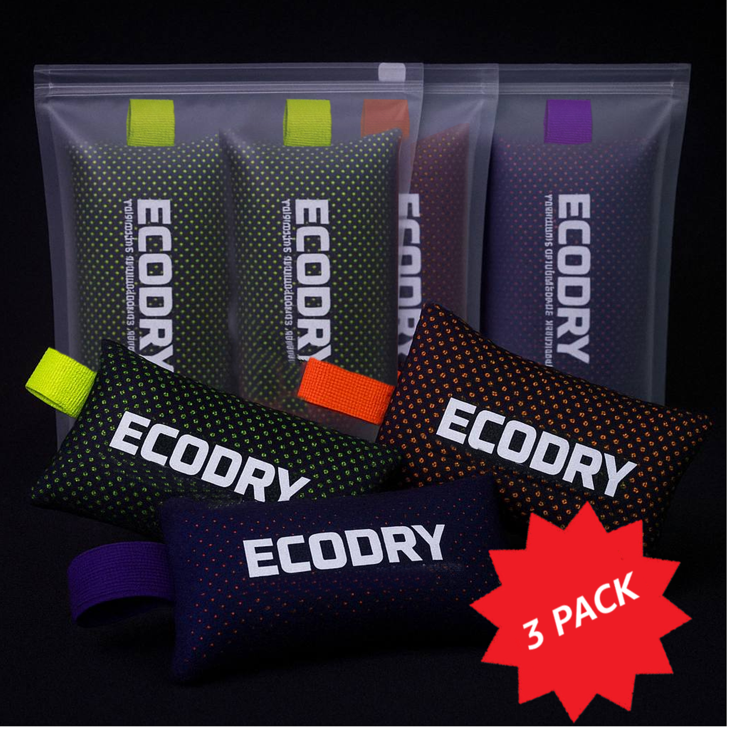 3Pack of Reusable Moisture Absorbing Bags for Footwear and Sports Gear