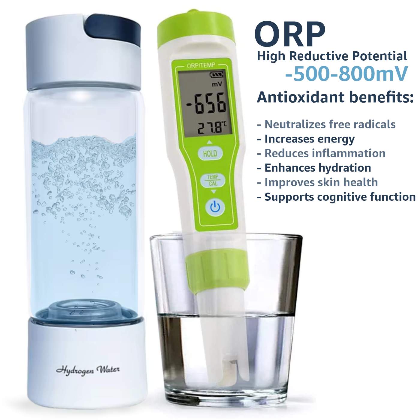 Hydrogen Water Bottle, Anioxidant water for health with the most negative ORP value.